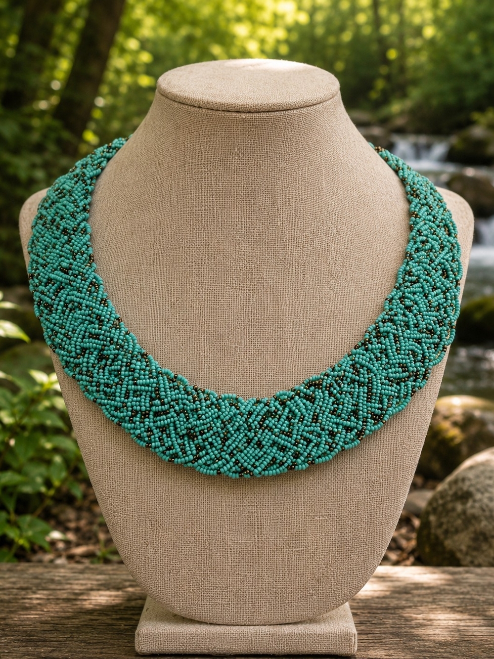 Vintage Braided Turquoise Seed Beads Bronze Necklace Bib 18 - 21"
